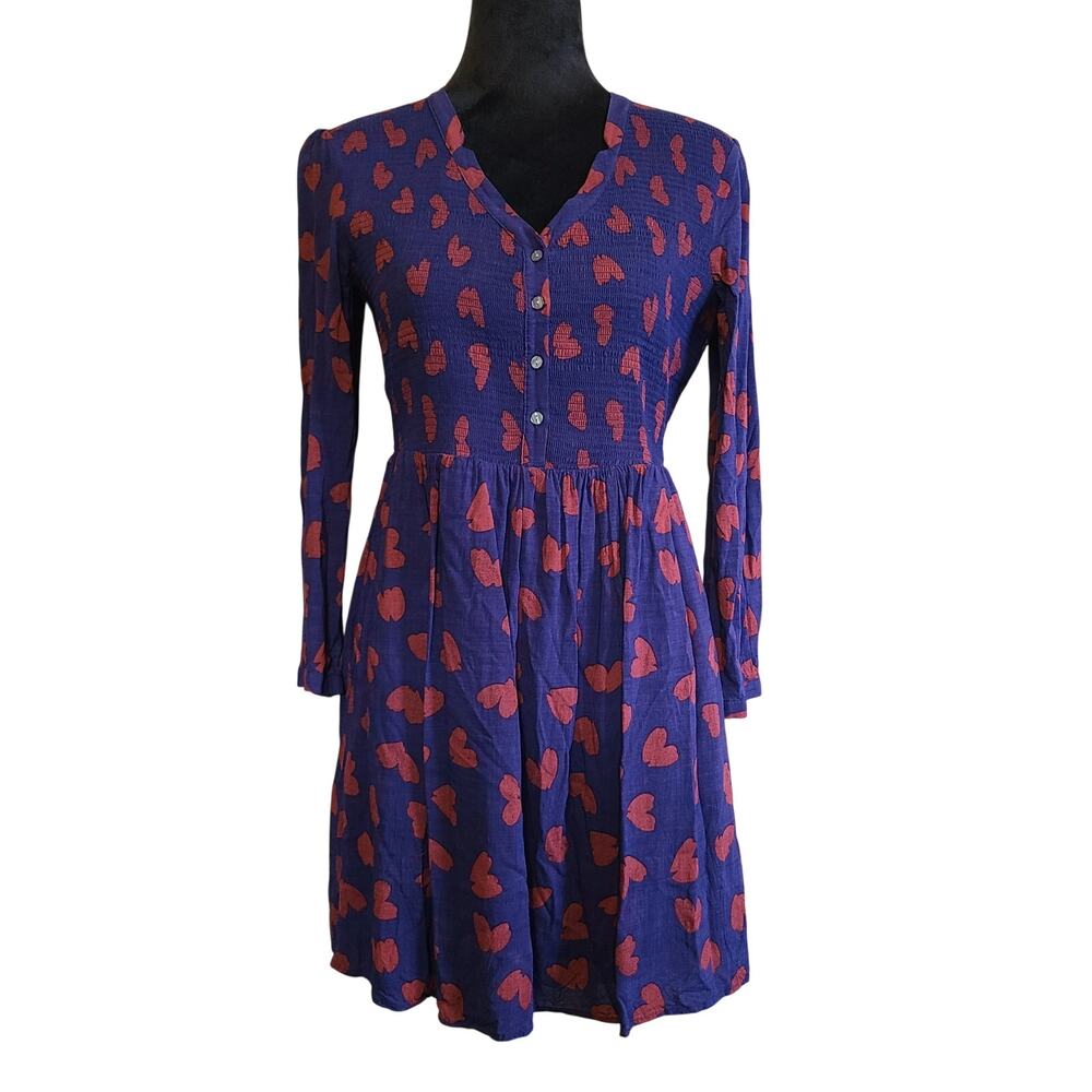 Anthropologie Maeve Banet Smocked Heart Mini‎ Dress Womens S Blue Red Valentines